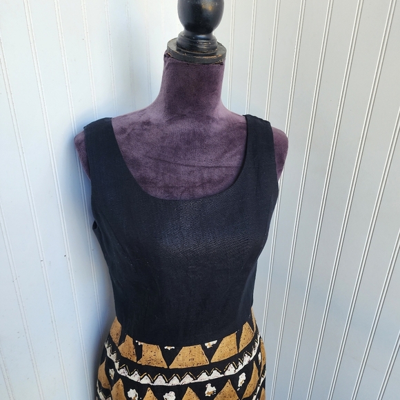 Richie Freeman For Teri Jon Black Tan Beige 100% Linen Sleveless Aztec Dress 6 - Picture 10 of 14